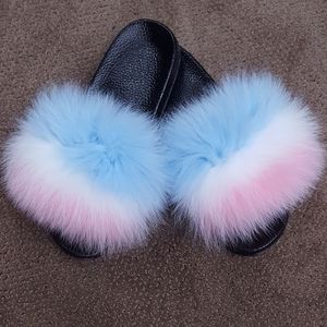 Pink, White, and Blue Fox Fur Sandals